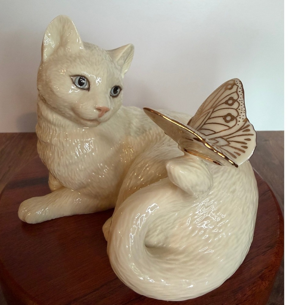 Vintage Lenox Enchantment Cat With Butterfly Ivory Porcelain 24K Gold